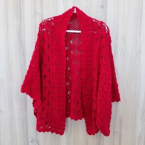 VTG Womens Crochet Cardigan Size XL Red Handmade Boho Retro Cottage Romantic